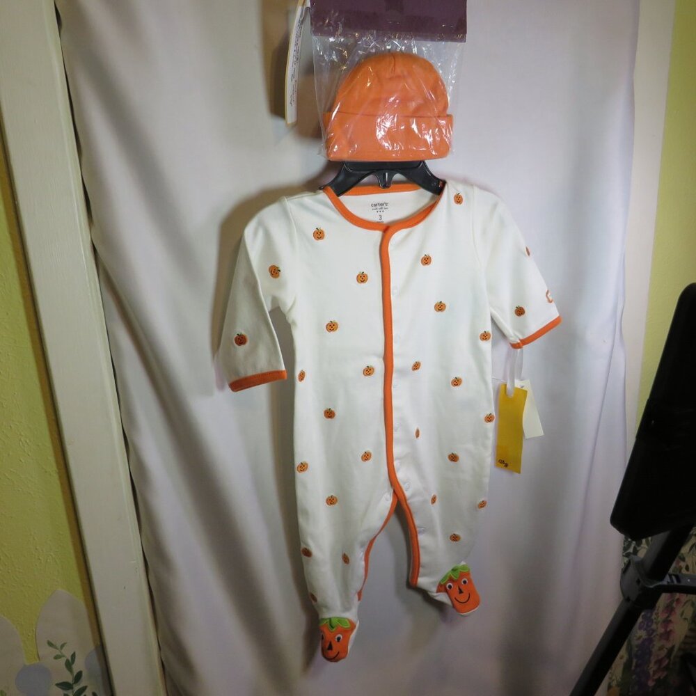 Baby Pumpkin Jack O' Lantern bodysuit footed w Orange Hat Halloween Costume